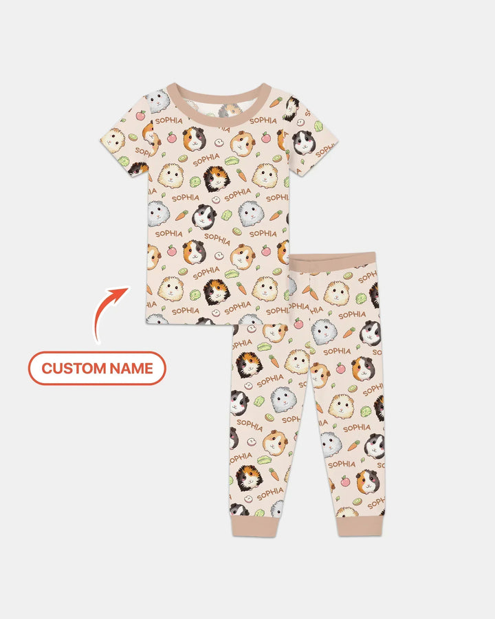 Custom Name Cute Guinea Pigs Bamboo Two Piece Short Sleeve Pajama Set