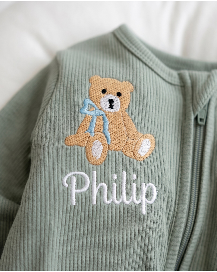 Personalized Teddy Bear Embroidered Ribbed Bamboo Welcome Home Bundle