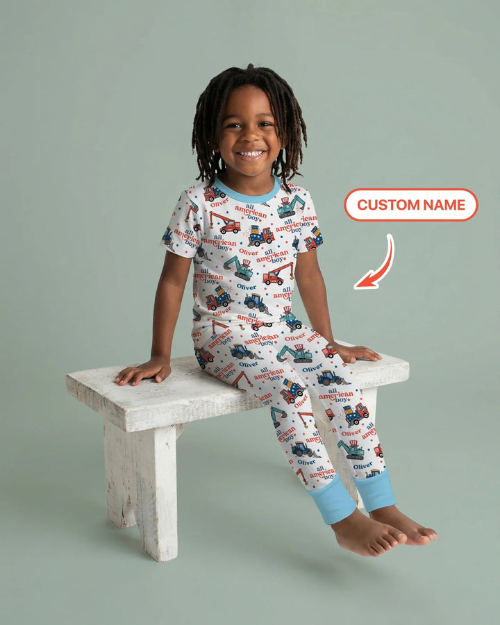 Custom Name All-American Boy Bamboo Two Piece Short Sleeve Pajama Set
