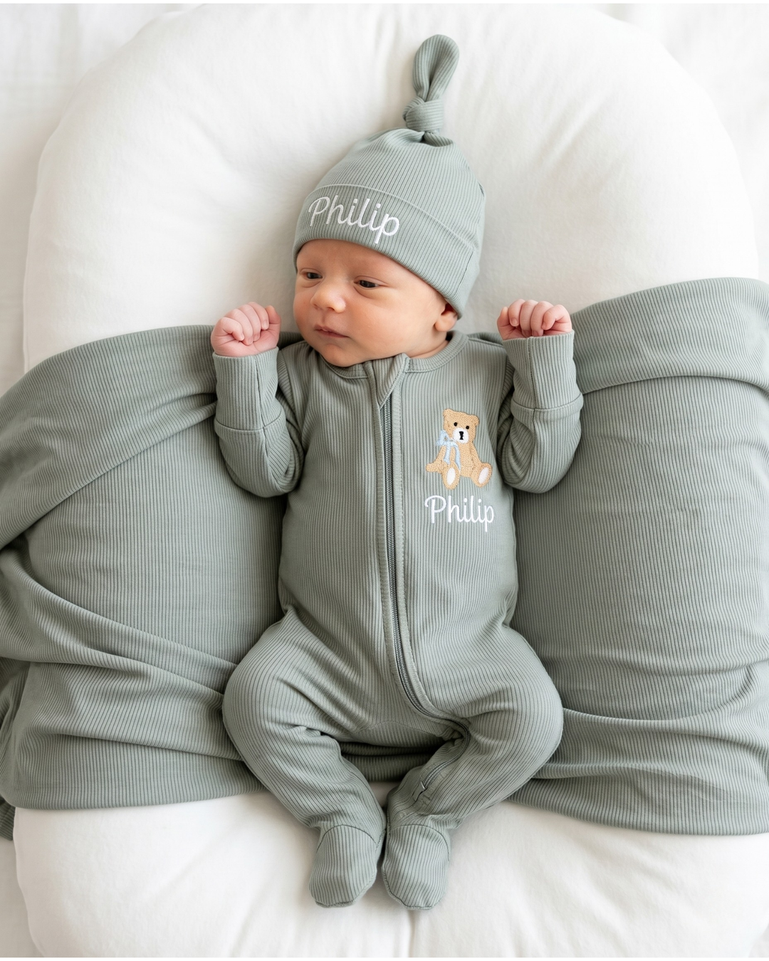Personalized Teddy Bear Embroidered Ribbed Bamboo Welcome Home Bundle