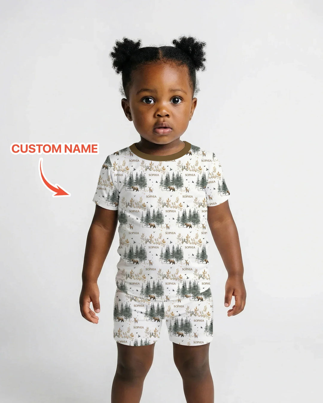 Custom Name Forest Bear Deer Bamboo Two Piece Short Sleeve Shorts Pajama Set