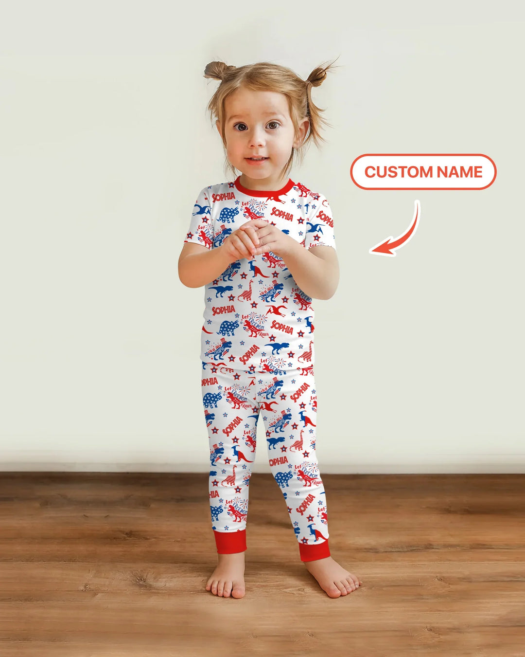 Custom Name Patriotic Dinosaur Bamboo Two Piece Short Sleeve Pajama Set