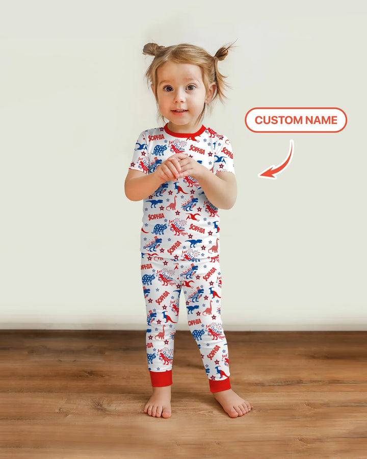 Custom Name Patriotic Dinosaur Bamboo Two Piece Short Sleeve Pajama Set