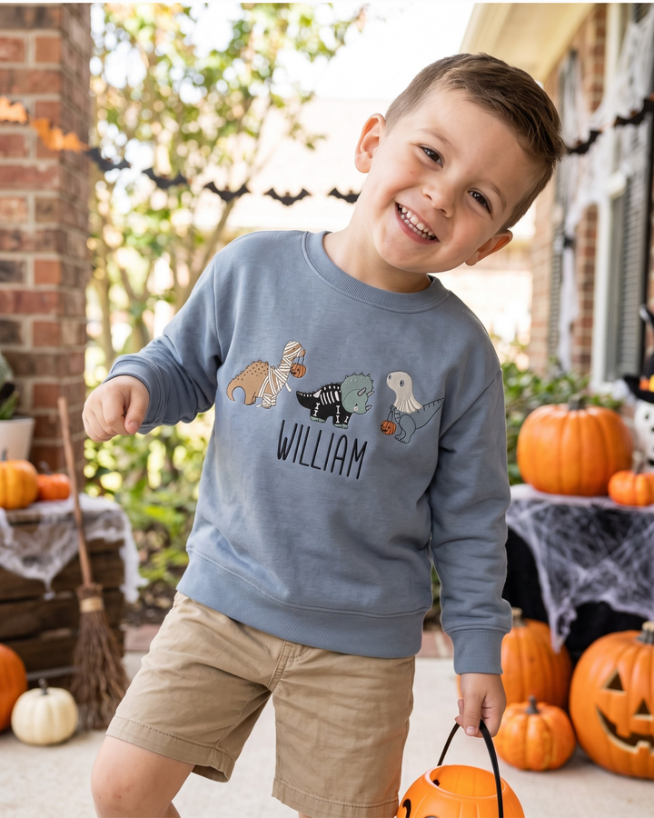 Custom Name Spooky Dino Squad Embroidered Bamboo Crewneck Sweatshirt