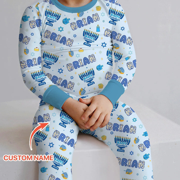 Custom name Happy Hanukkah 2025 Bamboo Two Piece Long Sleeve Pajama Set