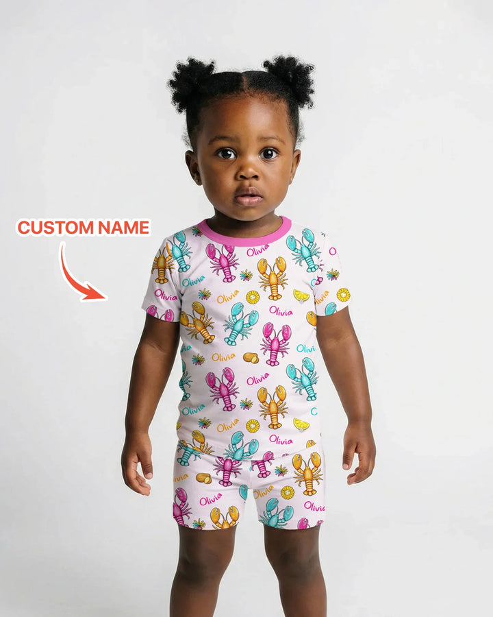 Custom Name Crawfish Crew Bamboo Two Piece Short Sleeve Shorts Pajama Set