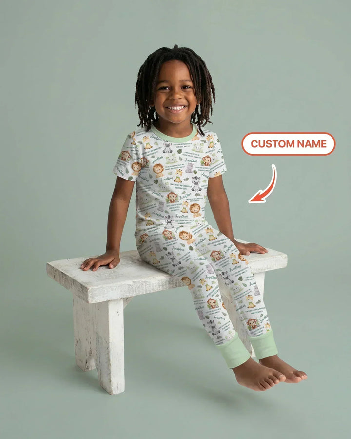 Custom Name Bible Verse Safari Animal Bamboo Two Piece Short Sleeve Pajama Set