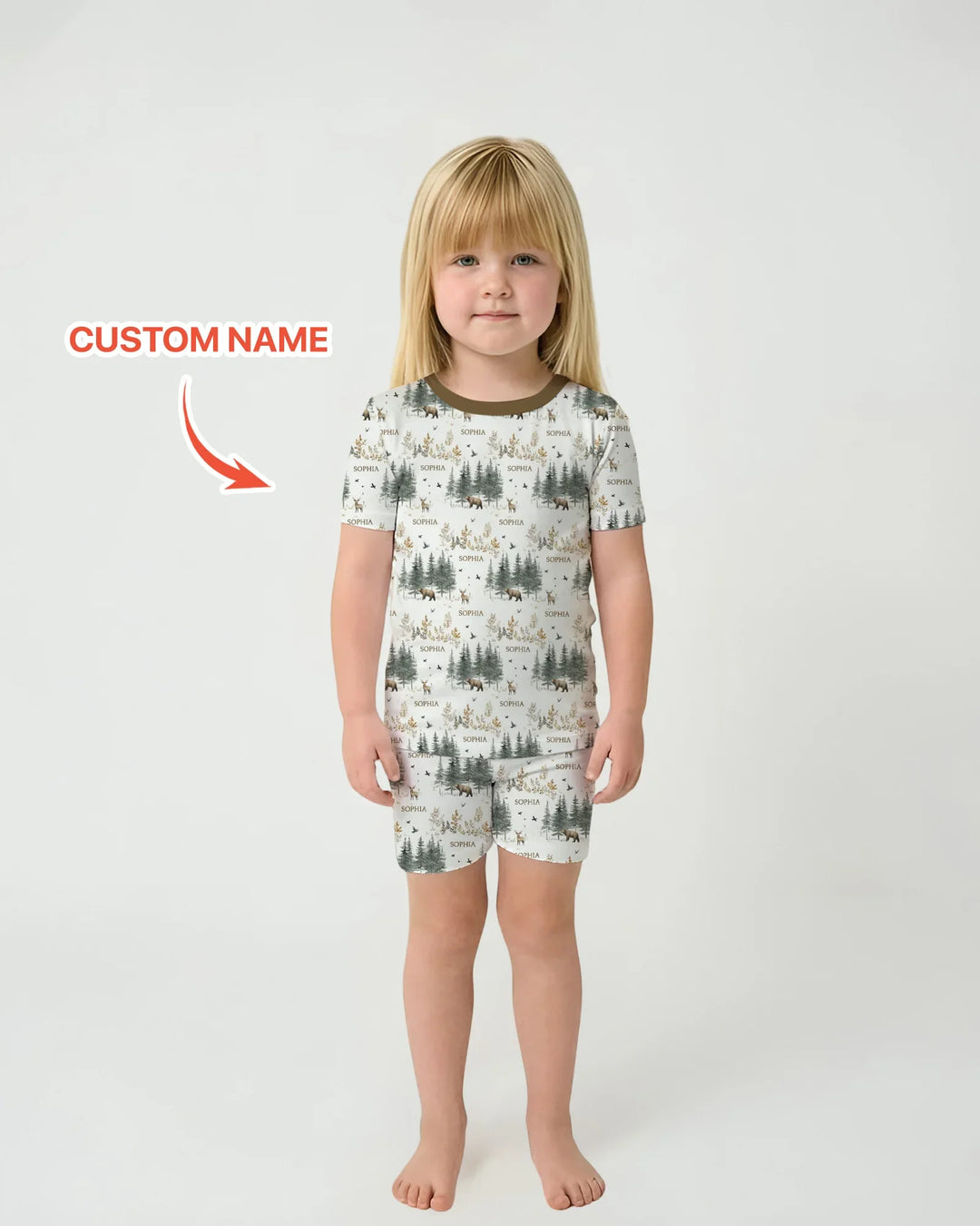 Custom Name Forest Bear Deer Bamboo Two Piece Short Sleeve Shorts Pajama Set
