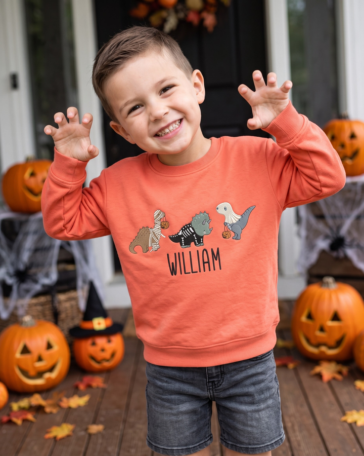 Custom Name Spooky Dino Squad Embroidered Bamboo Crewneck Sweatshirt