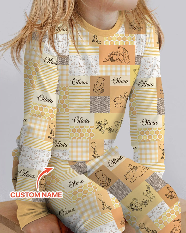 Personalized Classic Bear Patchwork  Bamboo Two Piece Long Sleeve Pajama Set