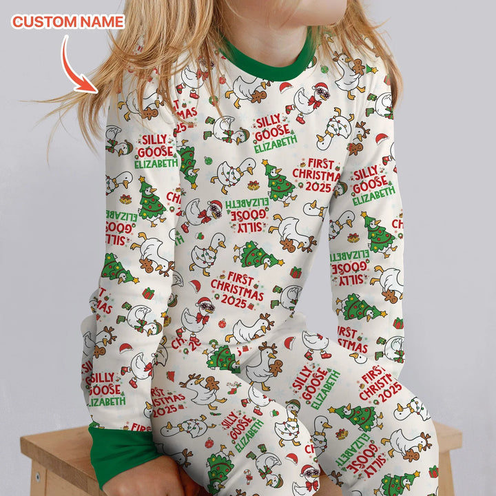 Custom Name "Silly Goose" Two Piece Long Sleeve Pajama Set (Green) , Custom Name "Silly Goose" Two Piece Long Sleeve Pajama Set (Green) - 12-18M