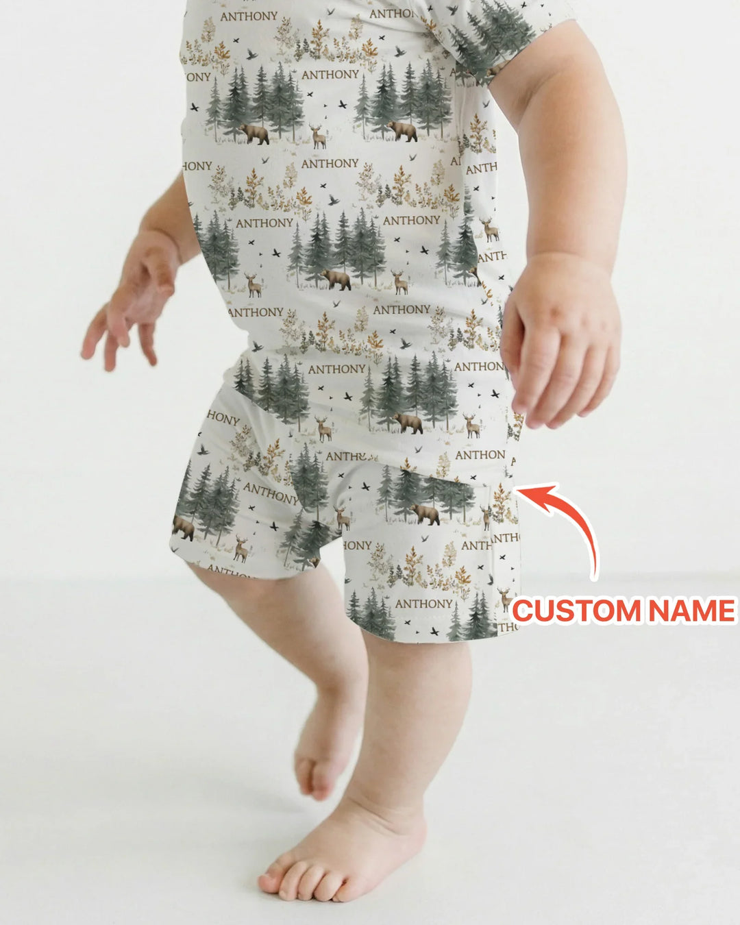 Custom Name Forest Bear Deer Bamboo Two Piece Short Sleeve Shorts Pajama Set
