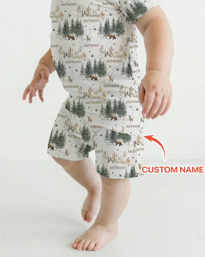 Custom Name Forest Bear Deer Bamboo Two Piece Short Sleeve Shorts Pajama Set
