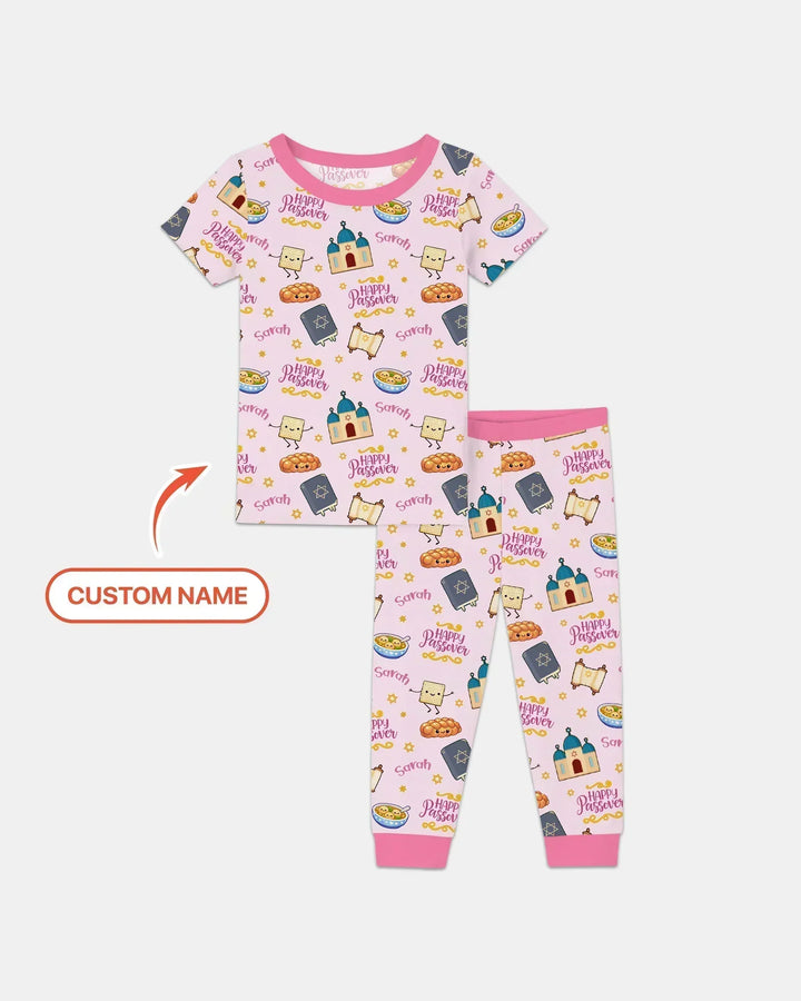 Custom name "Pesach Sameach" Bamboo Two Piece Short Sleeve Pajama Set