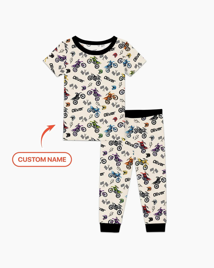 Custom Name Little Dirt Bike Rider Bamboo Two Piece Short Sleeve Pajama Set