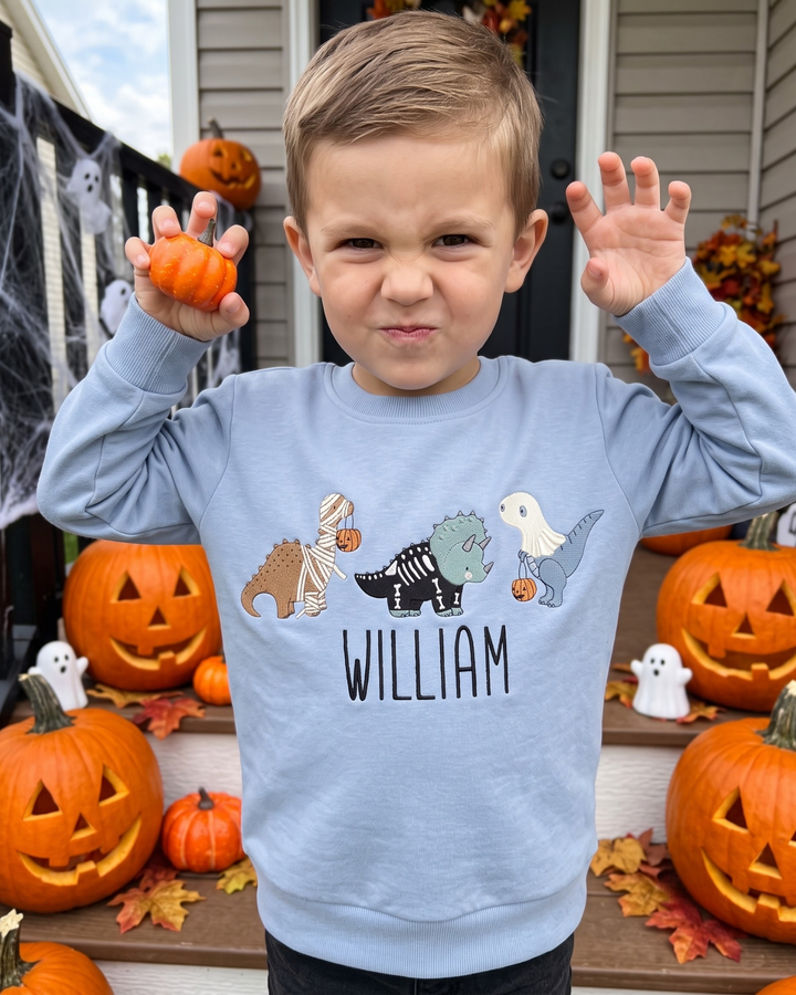 Custom Name Spooky Dino Squad Embroidered Bamboo Crewneck Sweatshirt