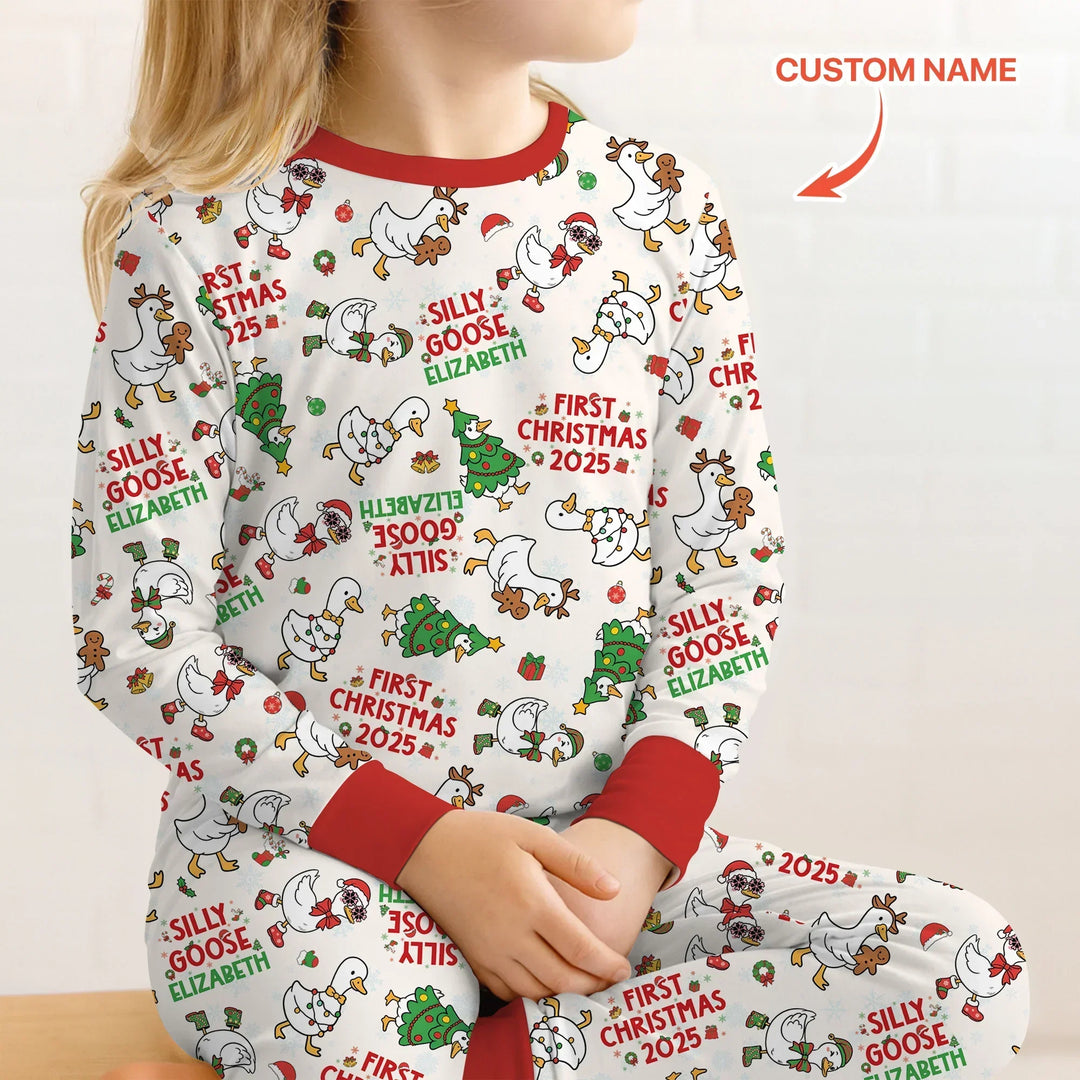 Custom Name "Silly Goose" Two Piece Long Sleeve Pajama Set (Red) , Custom Name "Silly Goose" Two Piece Long Sleeve Pajama Set (Red) - 12-18M