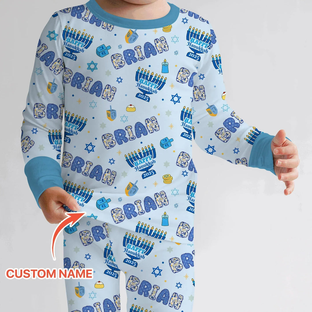 Custom name Happy Hanukkah 2025 Bamboo Two Piece Long Sleeve Pajama Set