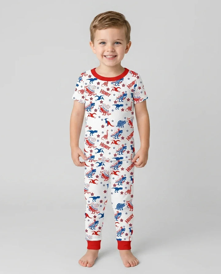 Custom Name Patriotic Dinosaur Bamboo Two Piece Short Sleeve Pajama Set