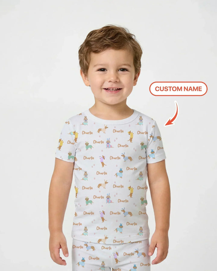 Custom Name Easter Dachshund Bamboo Two Piece Short Sleeve Pajama Set