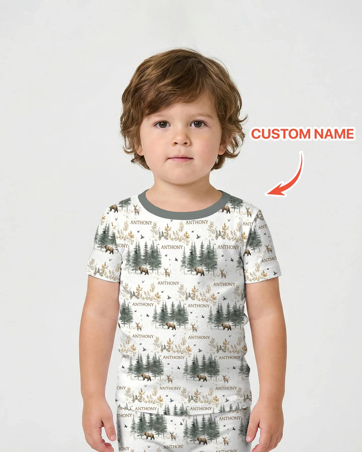 Custom Name Forest Bear Deer Bamboo Two Piece Short Sleeve Shorts Pajama Set