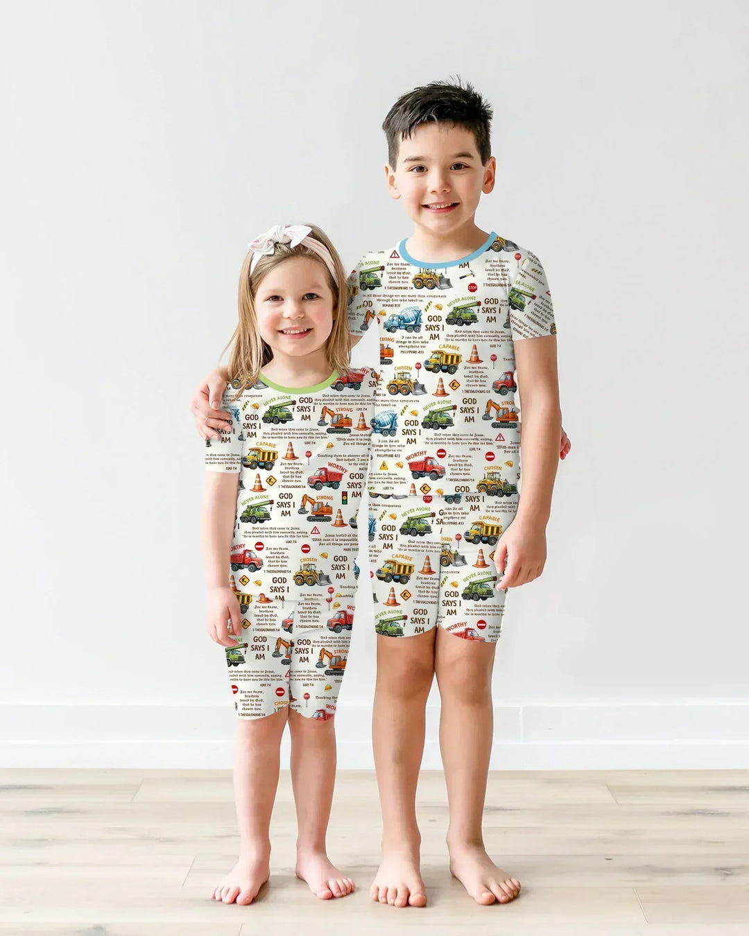 Bible Verse Construction Trucks Bamboo Two Piece Short Sleeve Shorts Pajama Set