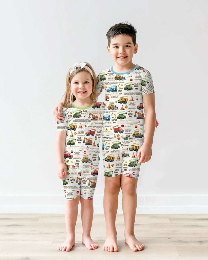 Bible Verse Construction Trucks Bamboo Two Piece Short Sleeve Shorts Pajama Set