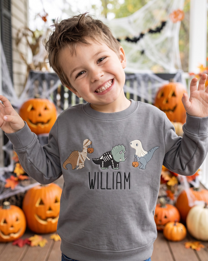 Custom Name Spooky Dino Squad Embroidered Bamboo Crewneck Sweatshirt