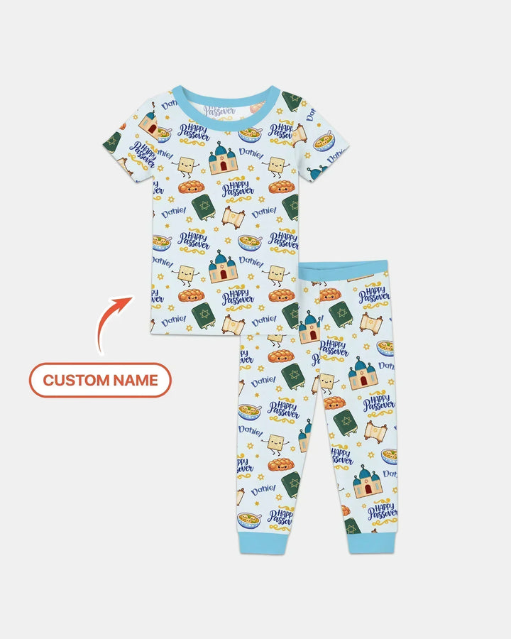 Custom name "Pesach Sameach" Bamboo Two Piece Short Sleeve Pajama Set