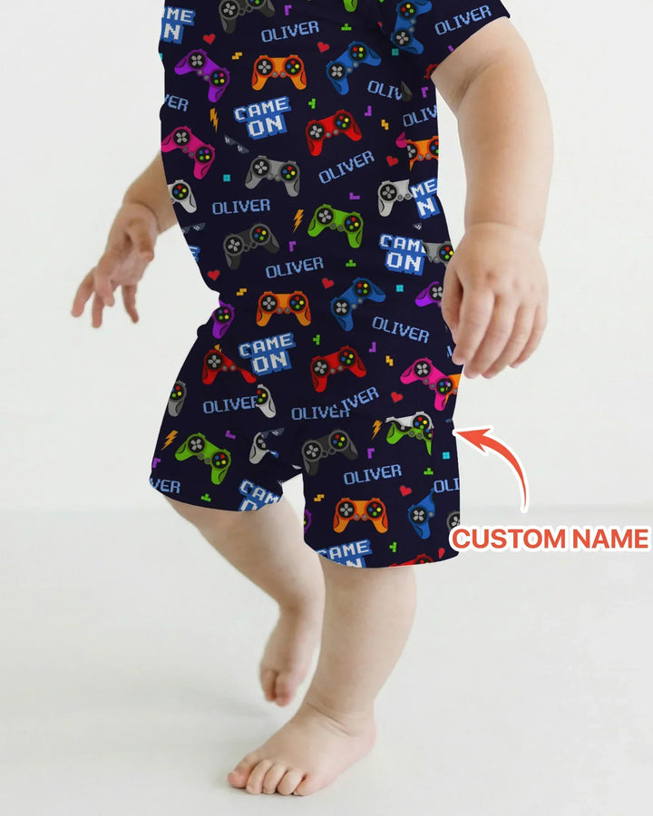 Custom Name Game On Family Matching Bamboo Two Piece Short Sleeve Shorts Pajama Set