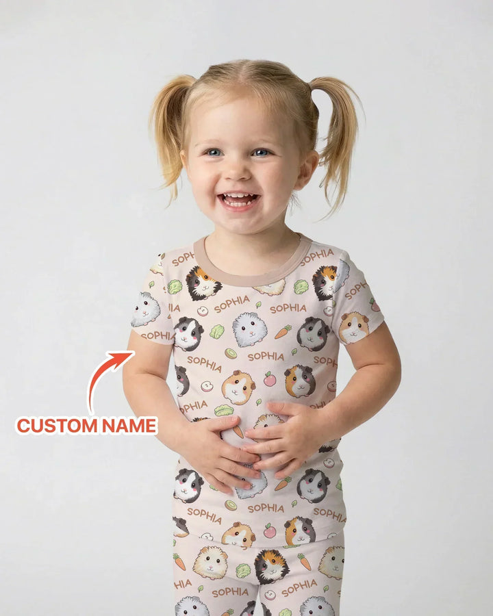 Custom Name Cute Guinea Pigs Bamboo Two Piece Short Sleeve Pajama Set