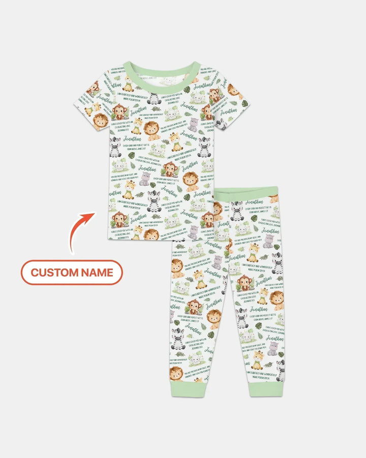 Custom Name Bible Verse Safari Animal Bamboo Two Piece Short Sleeve Pajama Set