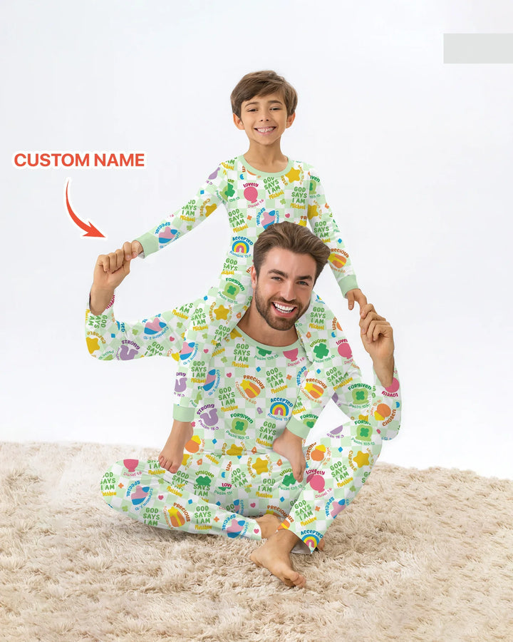 God Says I Am St. Patrick’s Day Custom Name Family Matching Bamboo Two Piece Long Sleeve Pajama Set