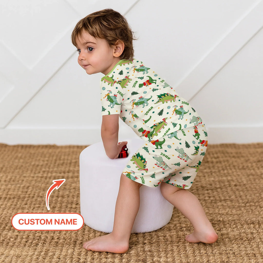 Custom Name Dinosaurs Christmas Tree Bamboo Two Piece Short Sleeve Shorts Pajama Set