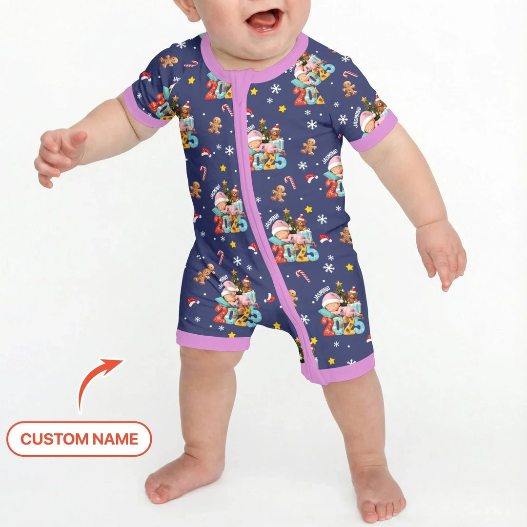 Custom Name Baby Girl's First Christmas Bamboo Shorty Zippy