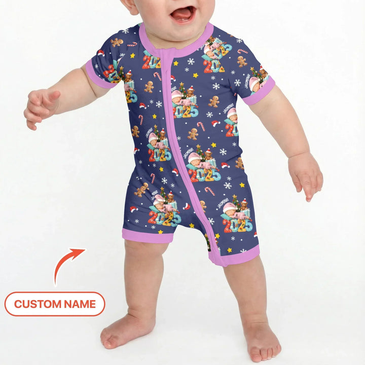 Custom Name Baby Girl's First Christmas Bamboo Shorty Zippy