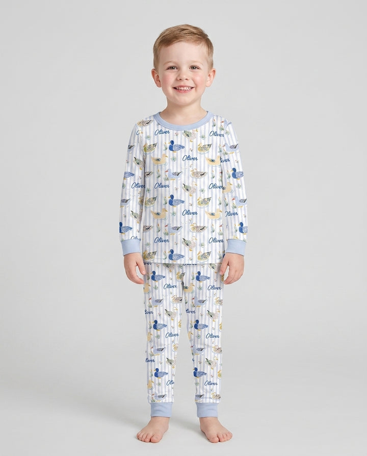 Whimsical Duck Custom Name Bamboo Two Piece Long Sleeve Pajama Set