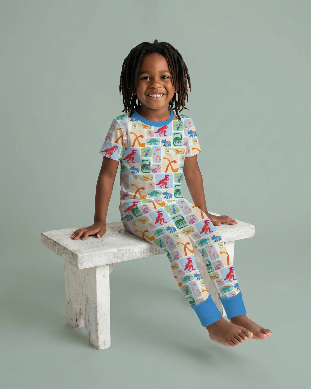 Rainbow Dino Friends Family Matching Bamboo Two Piece Short Sleeve Pajama Set