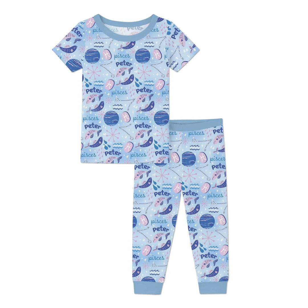 Custom Name Zodiac Pisces Bamboo Two Piece Short Sleeve Pajama Set