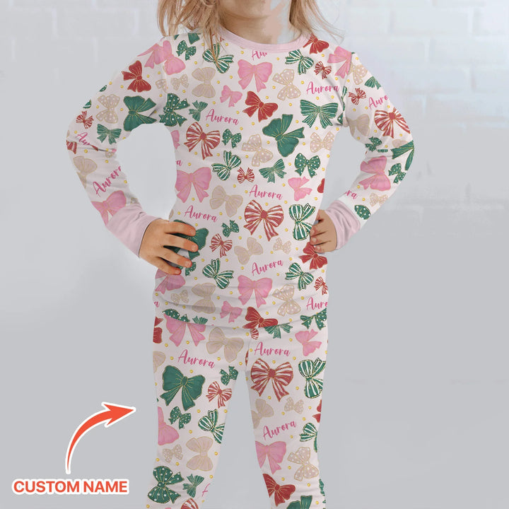 Custom Name Preppy Coquette Bows Bamboo Two Piece Long Sleeve Pajama Set