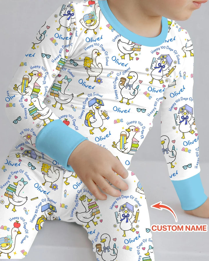 Custom Name Goose Happy 100 Days Of School Bamboo Two Piece Long Sleeve Pajama Set