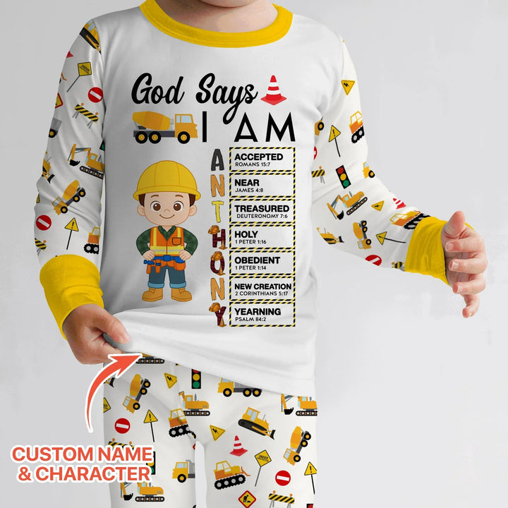 Custom Name God Says I Am Little Builder Letter in Bible Bamboo Two Piece Long Sleeve Pajama Set
