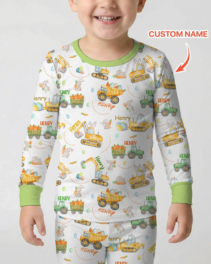 Easter Construction Vehicles Custom Name Bamboo Two Piece Long Sleeve Pajama Set