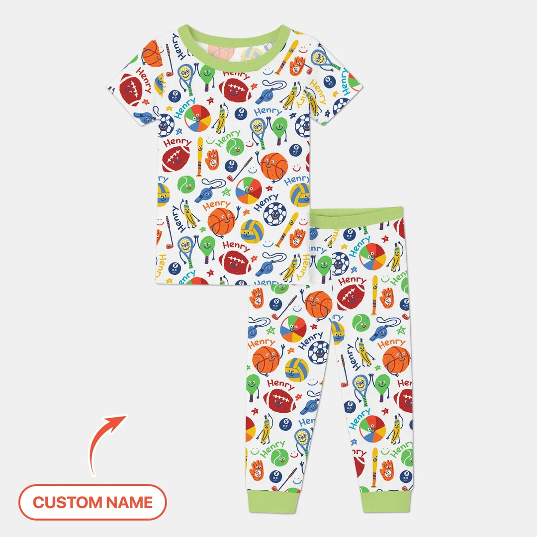 Play Ball Custom Name Bamboo Two Piece Short Sleeve Pajama Set