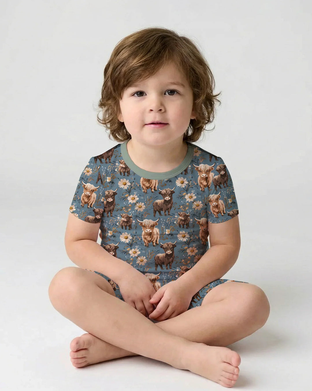 Majestic Highland Cows Family Matching Bamboo Two Piece Short Sleeve Shorts Pajama Set