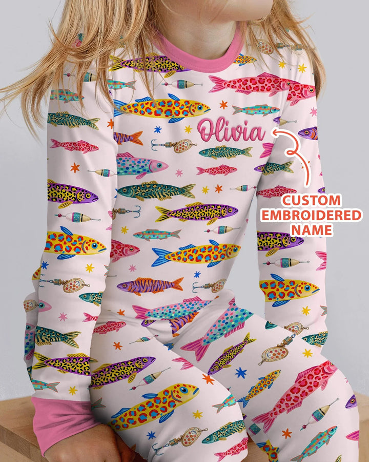 Custom Name Embroidered Colorful Fish Bamboo Two Piece Long Sleeve Pajama Set