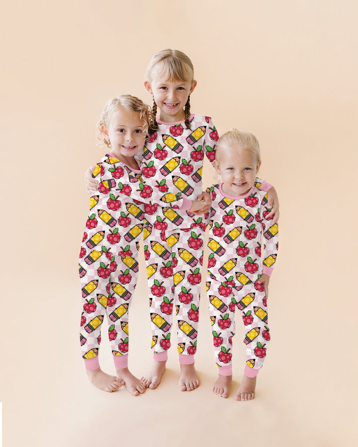 Checkered Apple Scribbles Bamboo Two Piece Long Sleeve Pajama Set