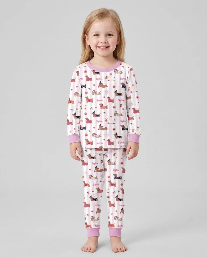 Custom Name Boo Crew Halloween Dachshund  Bamboo Two Piece Long Sleeve Pajama Set
