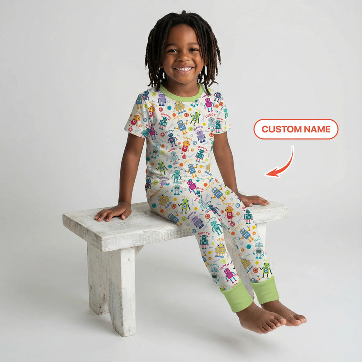 Robo Buddy Squad Custom Name Bamboo Two Piece Short Sleeve Pajama Set