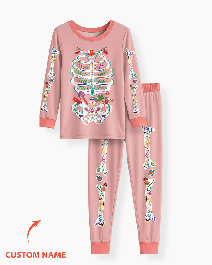 Custom Mexican Halloween Floral Skeleton Bamboo Two Piece Long Sleeve Pajama Set
